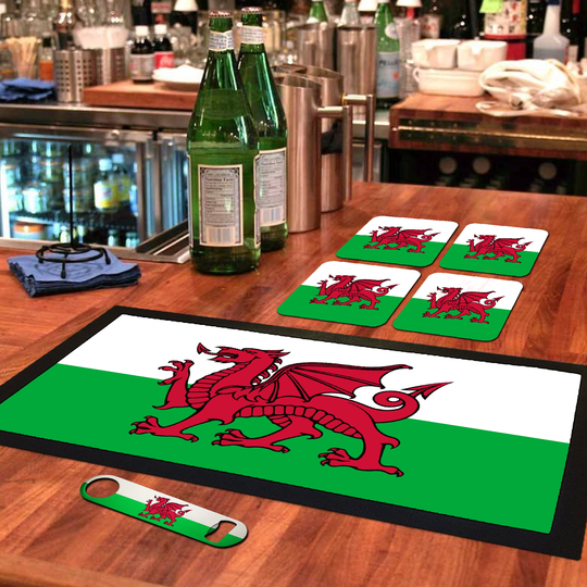 Wales Flag Bar Runner Mat, Matching Bottle Opener & 4 X Drinks Coasters Welsh Gift Set For Home Bars Man Cave Football Fans