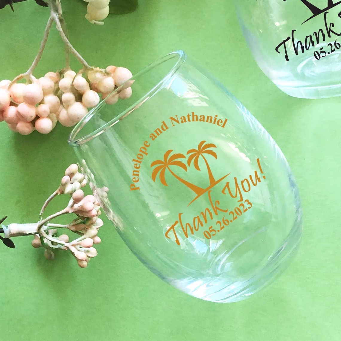 Printed 24 Pieces Palm Tree Personalized Stemless Wine Glass Favors - Wedding {Item#858E-K}