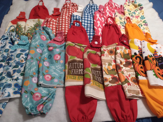 Full Crochet Towels, Plastic Bag Holders, Matching Towel & Holder, Christmas, Apples, Fall, Red. Blue Checked Towels
