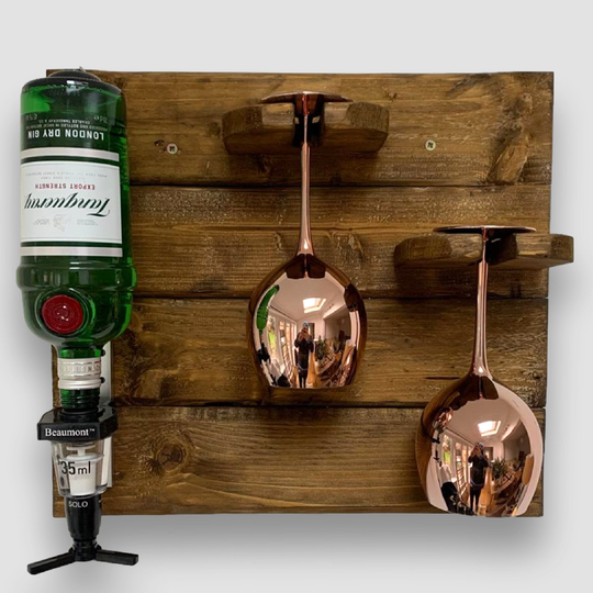 Gin Optics Drinks Rack - Handcrafted Rustic Wall Mounted Wood Bar Holds 1 Bottle & 2 Large Balloon Glasses 35Ml Measure