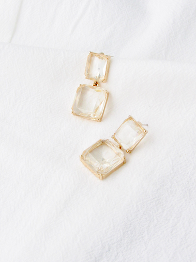 Ice Cube Clear Glass Gold Drop Earrings, Pierced Earrings, Stud Earrings, Wedding Earrings, Clear Earrings, Glass Earrings