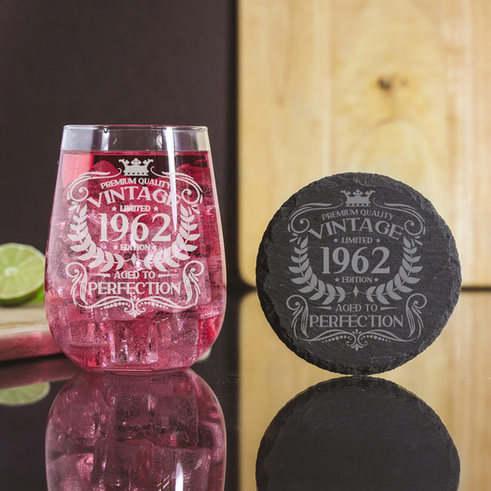 Vintage 1962 Engraved Stemless Gin Glass And/Or Coaster 60Th Birthday Gift Aged To Perfection - Lovers For Her 60 Year Old Gifts