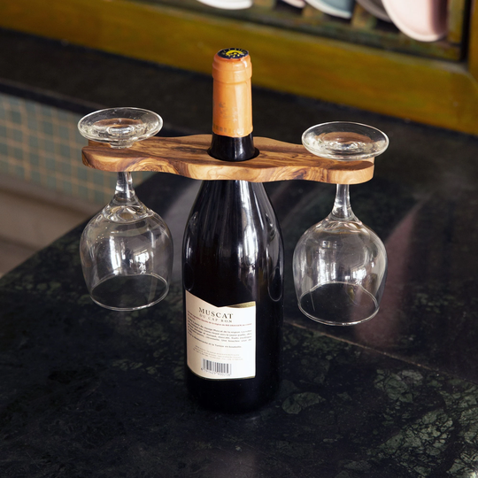 Olive Wood Bow Shaped Wine Bottle & Glass Holder, Mother's Day Gif