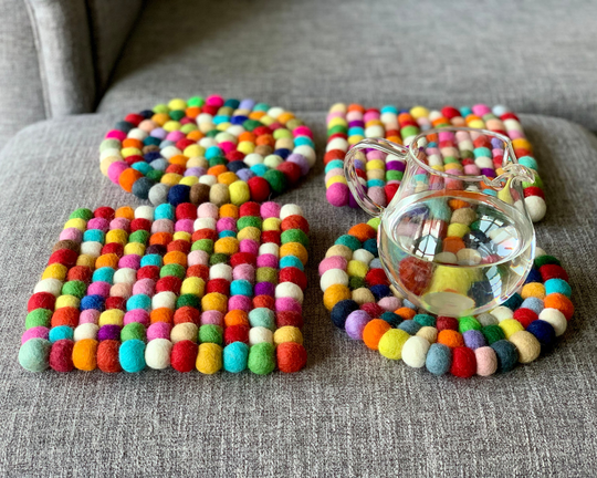 Rainbow Felted Trivet, Felt Ball Wool Potholder, Kitchen Decor, Table Decoration, Home Decor