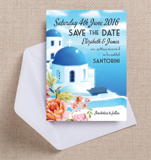 Santorini Vintage Postcard Destination Wedding Save The Date Cards & Envelopes