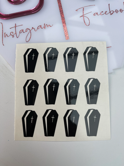 Set Of 12 Coffin Dracula Self Adhesive Vinyl Sticker Decals. Halloween, Envelope Stickers. Water Bottle, Tumbler, Glass, Window, Party