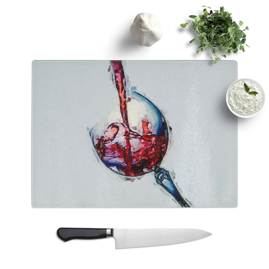 Tempered Glass Tilted Wine Glass in Abstract Cutting Board