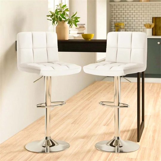 2X White Faux Leather Cuban Swivel Bar Stools