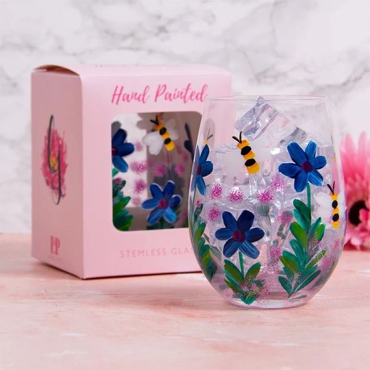 stemless Gin Glass 500Ml Hand Paint Copa Bees Wildflowers Floral Design Tumbler