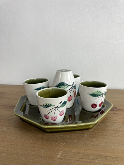 Vintage Ceramic Egg Cups & Stand, Matching Salt Shaker, English Country Cottage, Fruit Pattern, 1950S