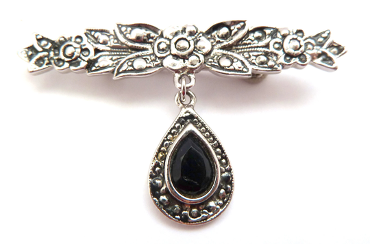 Vintage Ornate Floral Design Black Teardrop Drop Brooch, 90S Jewellery