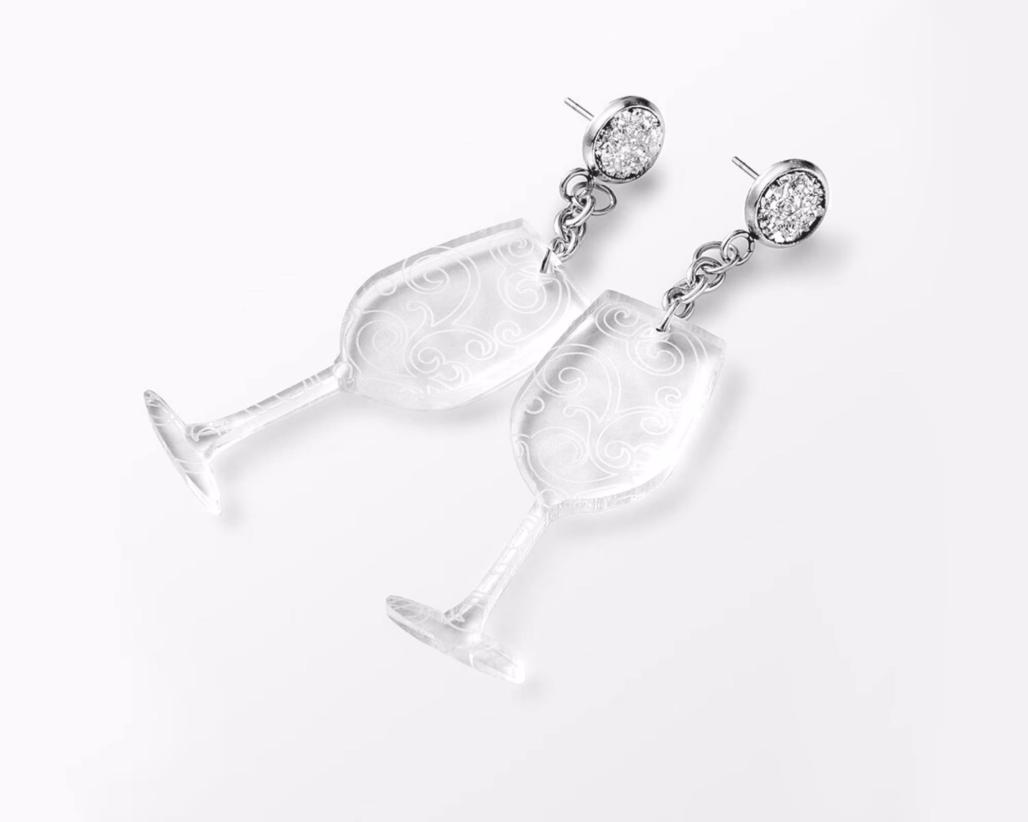 Wine Glass Dangles, Fun Earrings, Lover Silver Druzy Earrings With Clear Acrylic Etched Charms