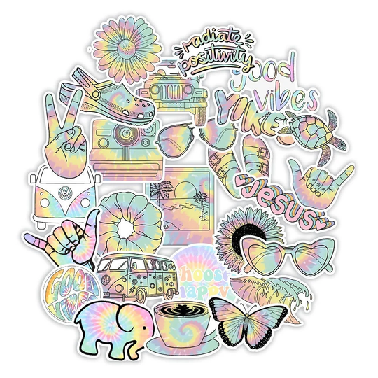 Pastel Tie_Dye Sticker Pack | 50 Pc, Vsco Waterproof Stickers For Water Bottles, Hydroflasks, Laptop, Phone, Luggage, Skateboard