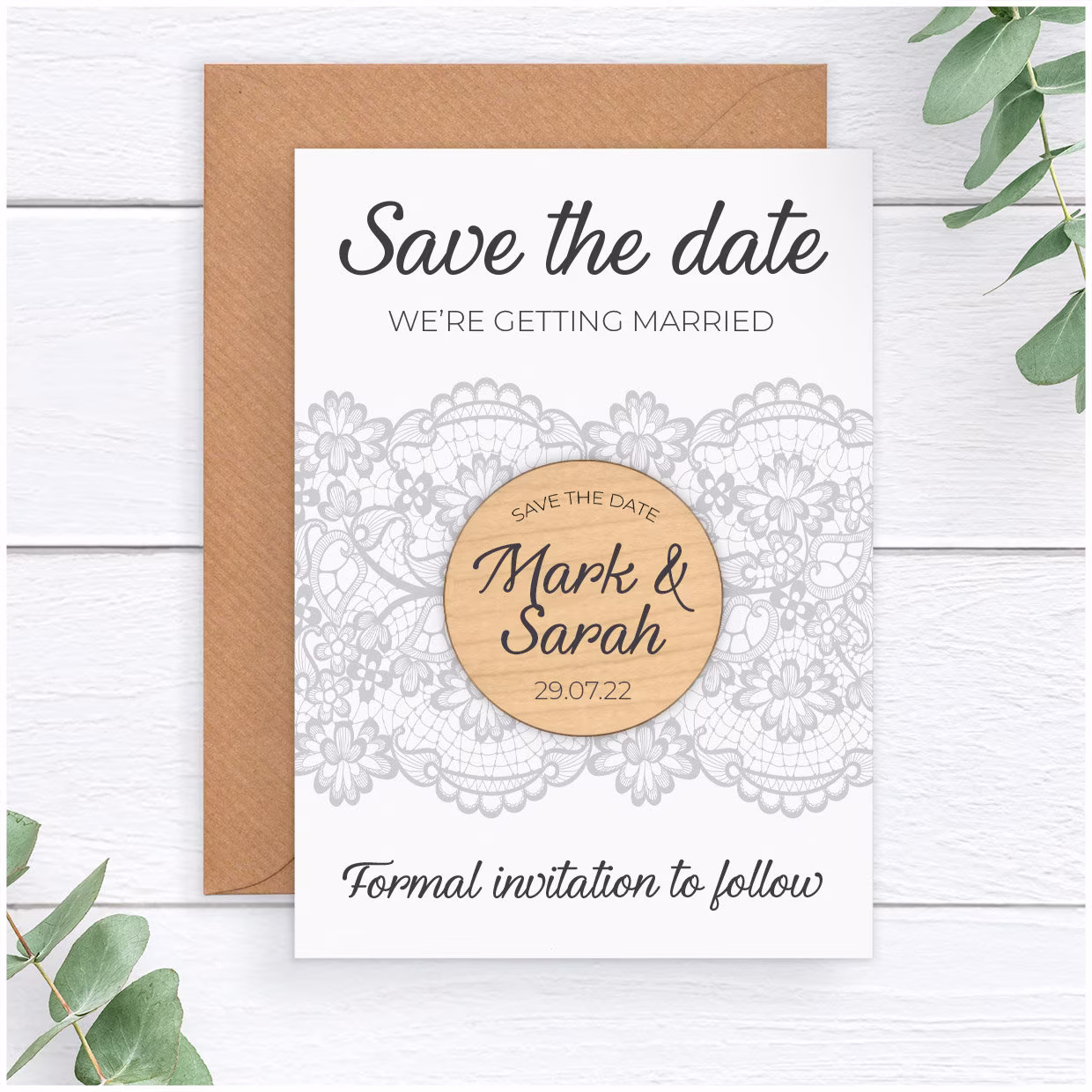 Grey Lace Wedding Save The Dates - Wooden Date Fridge Magnets Personalised Classic Spring Summer Autumn Winter