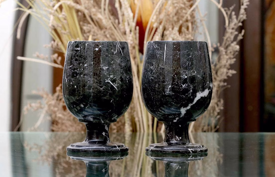 Set Of 2 Marble Wine Glasses | Black Glass - Modern Bar Stone Bourbon Champagne Vintage