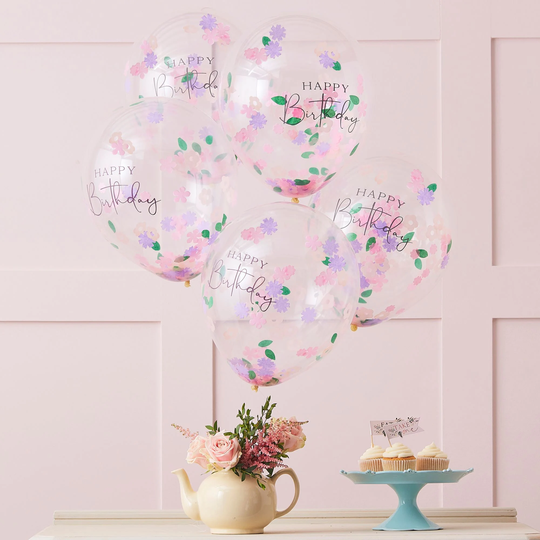 5 Floral Confetti Happy Birthday Balloons, Party Decorations