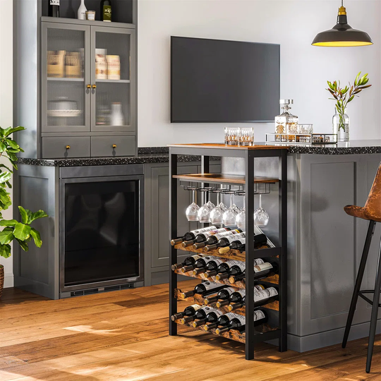 Congers 24 Bottle Floor Wine Bottle and Glass Rack in Brown