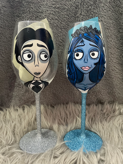 Corpse Bride Victor & Emily Hand Painted Wine Glasses