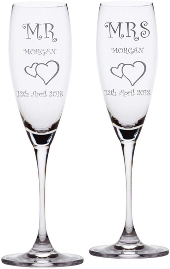 Chichi Gifts Personalised Mr & Mrs Pair Of Champagne Flutes Glasses With Linked Hearts