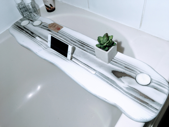 90cm Live Edge Style Curvy Zebra Black White Grey Bath Board/Shelf Caddy - Tealights & Phone Tablet Slots