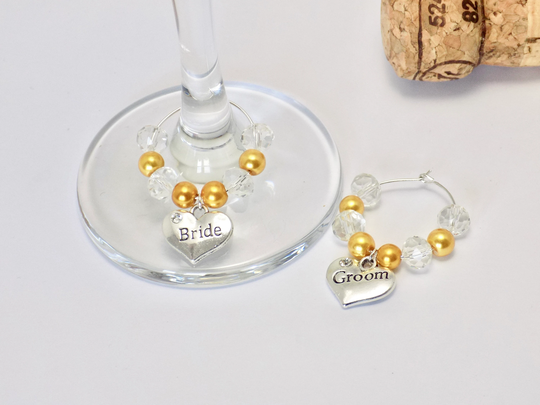 Gold Wine Charms, Wedding Charm, Heart Hen Party Favours, Bridal Glass Table Decor