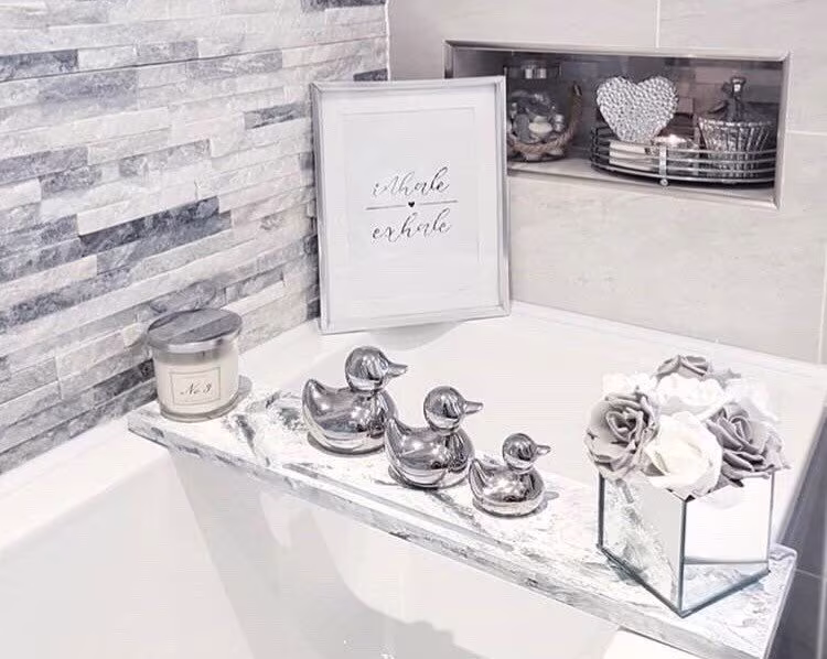 Dreamy Marble Effect Hand Painted Bath Rack Tub Caddy Board Wooden Tray