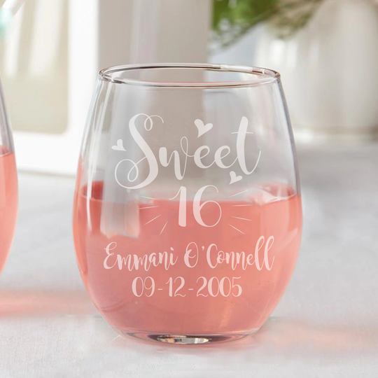 Set Of 12 Etched Stemless Wine Glasses Sweet 16 Hearts Personalized Party Favors Sixteen