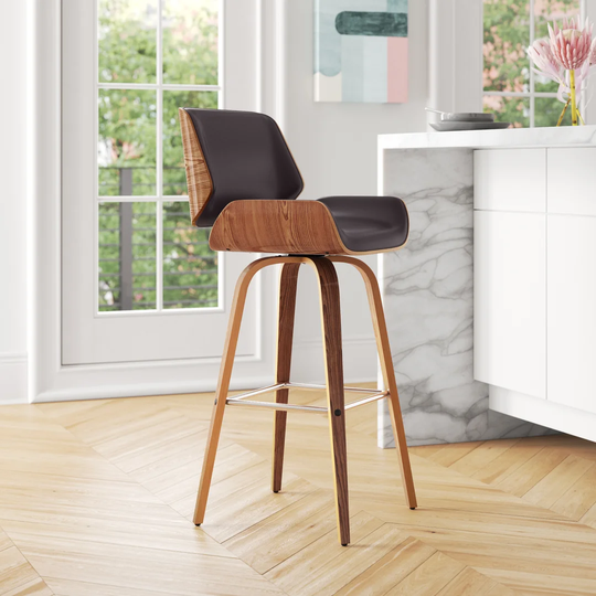 Tyler Mid-Century Swivel Counter Height Barstool in Brown Faux Leather with Walnut Veneer