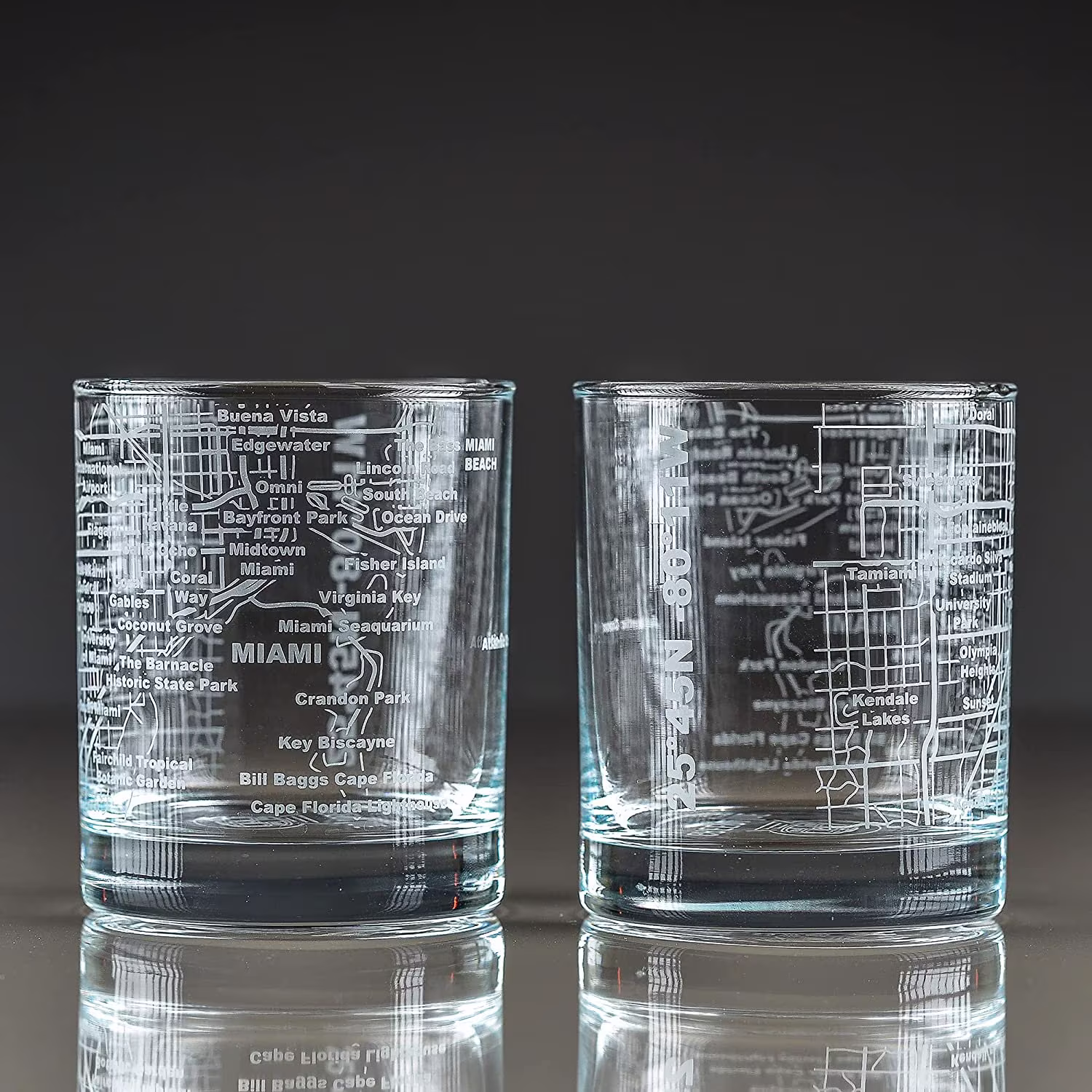 Miami - City Map Etched Whiskey Glasses | Old Fashioned Rocks Glass Set Of 2