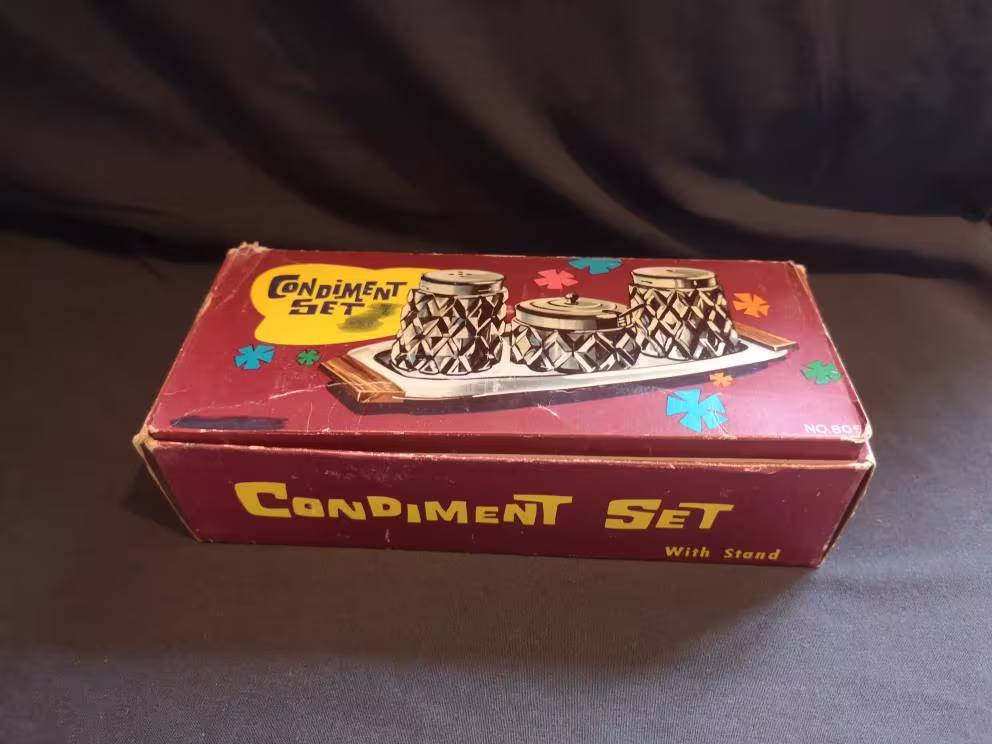 Vintage 1970S Condiment Set in Retro Style Original Box. Salt & Pepper Shaker With Mustard Pot. Glass Salt Pepper Shakers