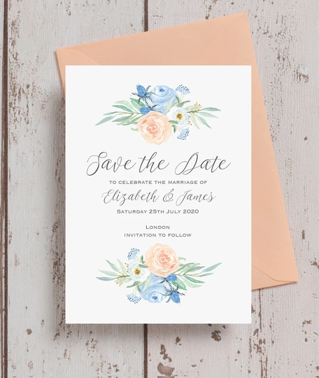 Peach & Blue Floral Wedding Save The Date Cards & Envelopes