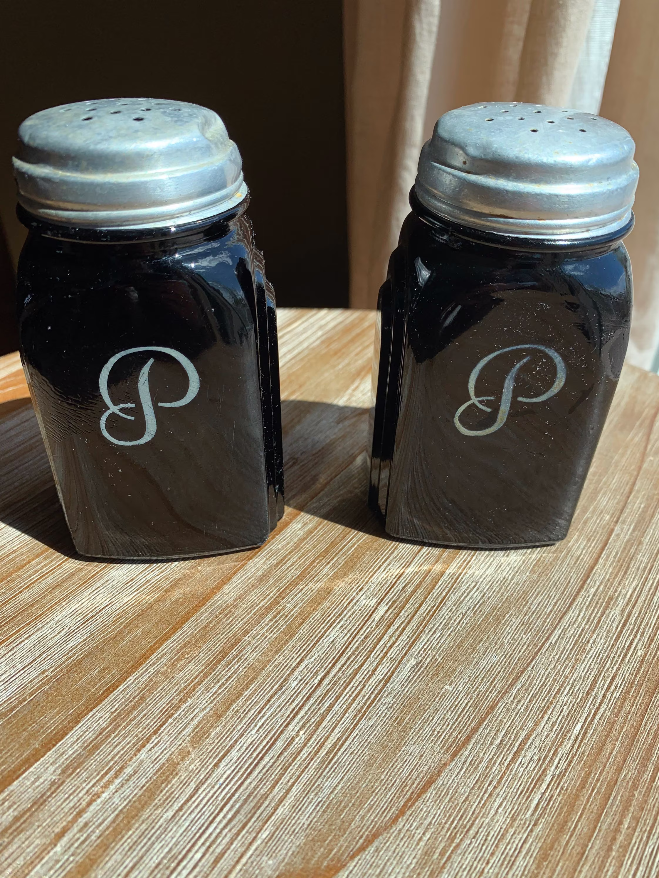 Vintage Mckee Roman Arch Black Amethyst Pepper Shakers - 1940's
