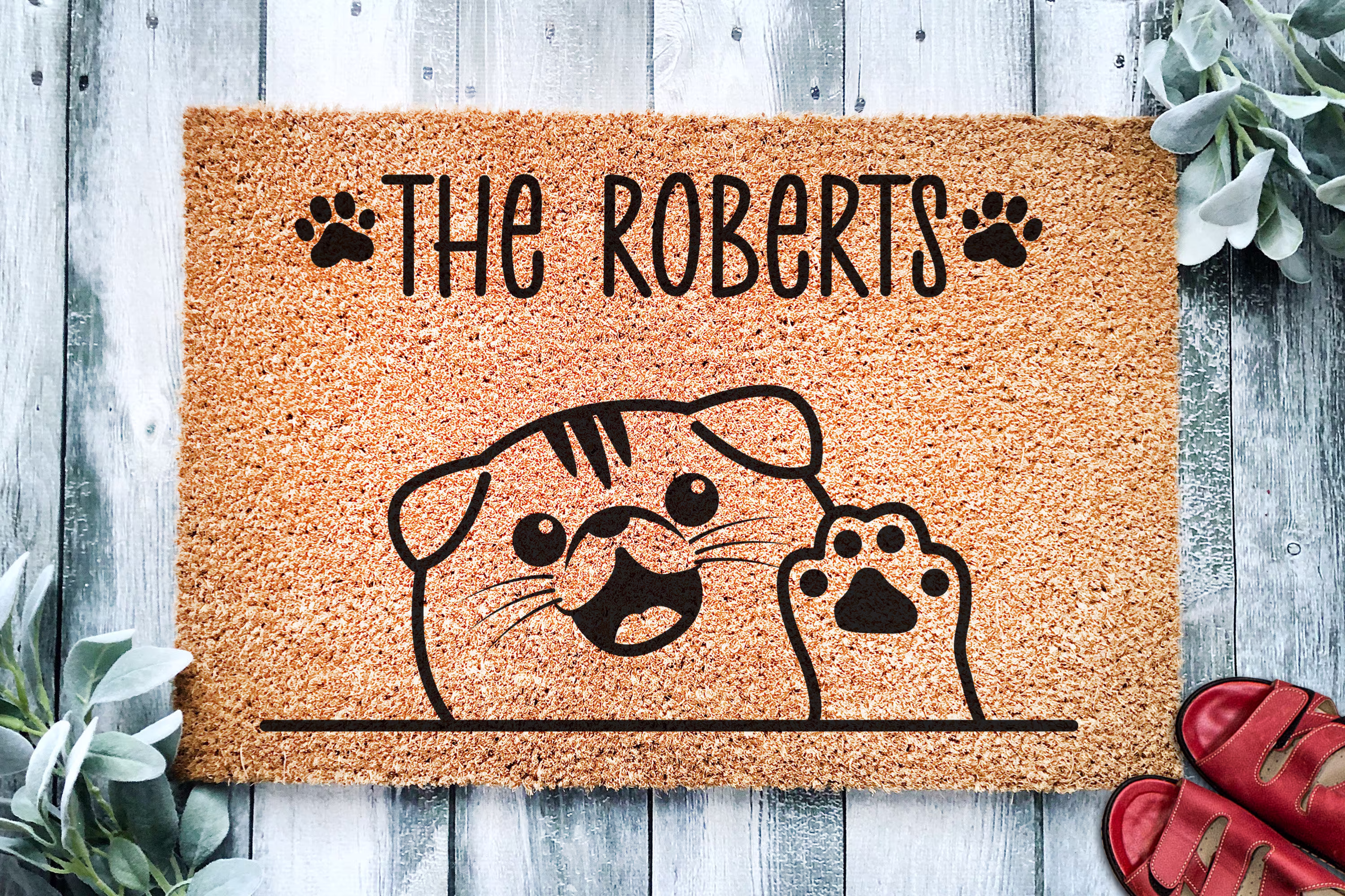 Cute Scottish Fold Cat Personalized Doormat | Striped Tabby Custom Welcome Mat Housewarming Last Name Closing Gift