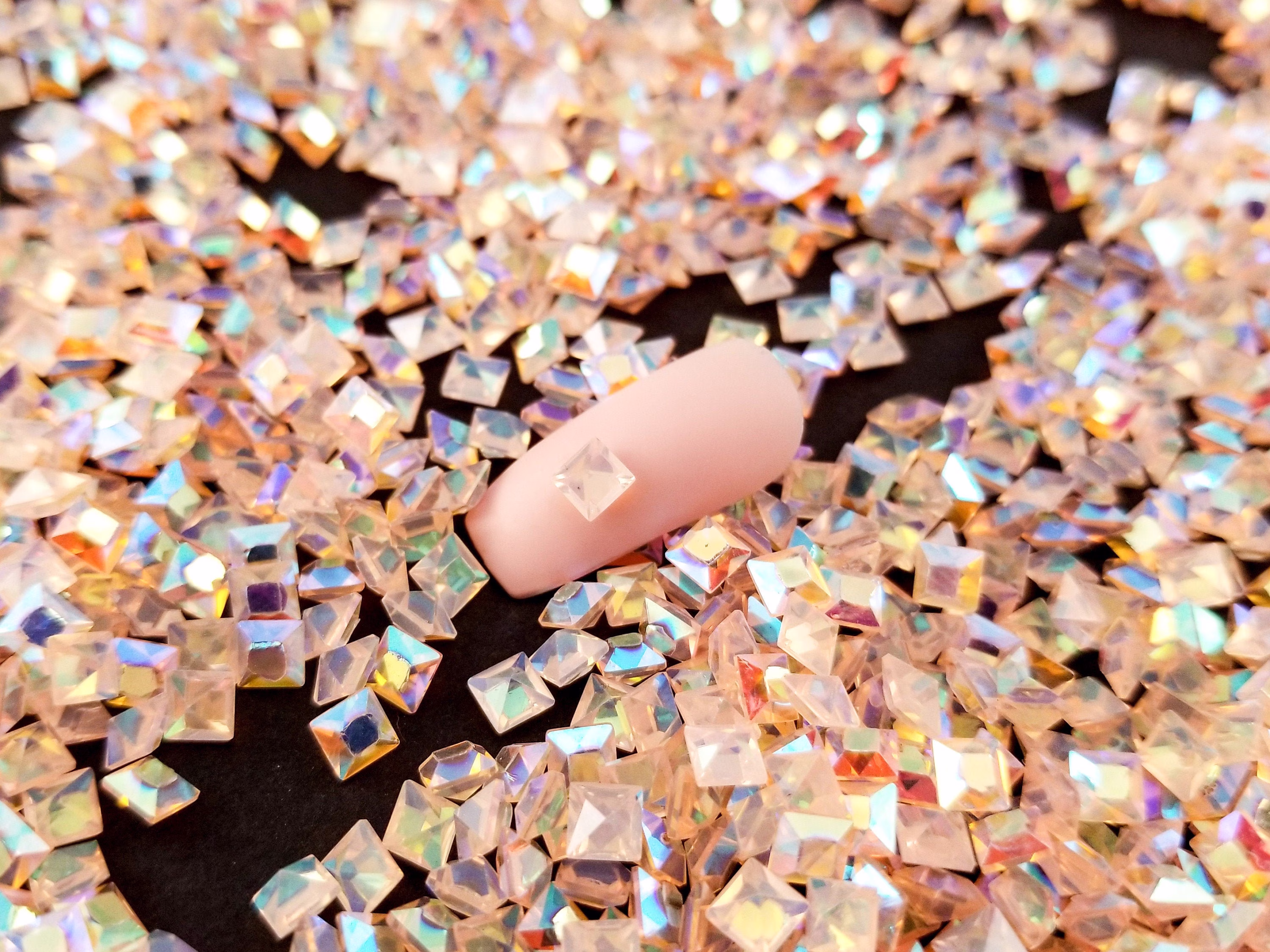 4mm Peach Pink Iridescent Ab Square Pointed Back Resin Rhinestone, Gem Shaker Mold Embellishment Bits, Kawaii Nail Gems