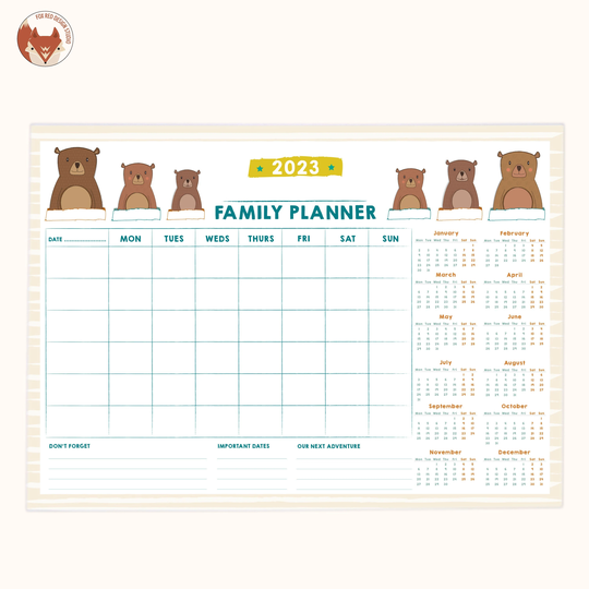 Bear Family Planner/52 Sheet A4 Tear Off Pad Choose Between Six Bears 2023 Calendar E_Fp_001