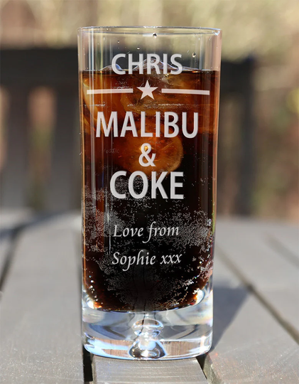 Personalised Engraved Boxed Malibu & Coke Highball Glass Birthday Christmas Retirement Wedding Anniversary Lover's Gift Star Design