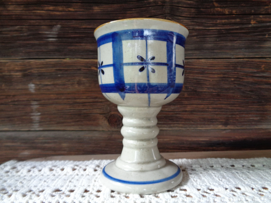Hand Painted Ceramic Goblet, Vintage Cup 240Ml, H14cm Footed Cup. Putty Gray & Blue Hand Painted Goblet/Candlestick Holder