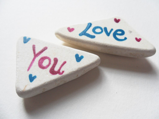Love You With Hearts Purple Blue & White Magnets - Painted To Order On Beach Pottery
