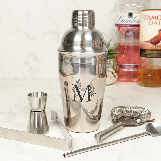 Personalised Floral Initial 5 Piece Cocktail Shaker Gift Set