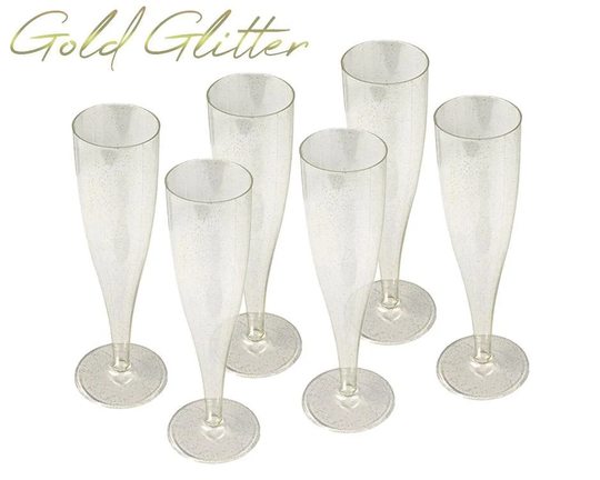 100 X Gold Glitter Prosecco Flutes - 175Ml Plastic Disposable Champagne Glasses One Piece | Pack Of 100 Anniversaries, Weddings, Christmas