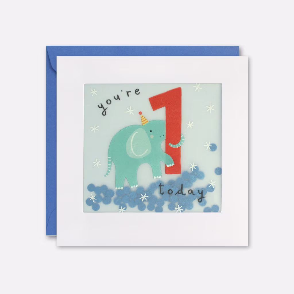 Age 1 Elephant Birthday Card With Paper Confetti - Shakies By James Ellis