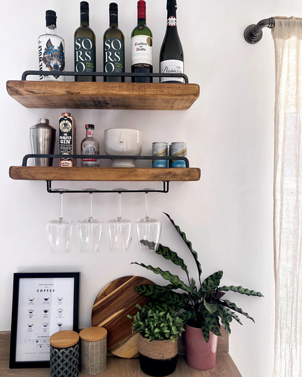 Floating Shelves With Glass Holder & X2 Steel Bars | Inc 2 Shelves