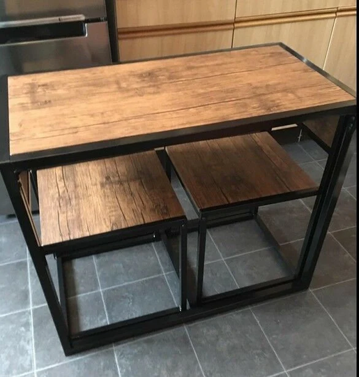 Rustic Small Table & Chairs Set, Steel Frame, Kitchen Furniture, Breakfast Bar Stools, Dining Table, Wood Seats, Retro Vintage, Industrial