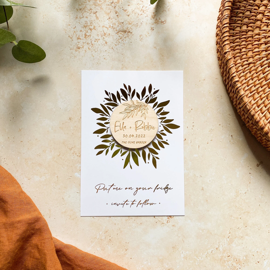 Olive Branch Save The Date, Wooden The Date Magnet, Personalised Floral Botanical Wedding