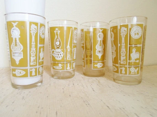 Vintage Set Of Four Bar Glasses With Early American Pattern Harvest Gold & White, Mid Century Modern, Barware, Glassware, Glass