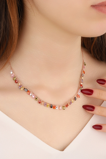 Dangling Colored Drop Stone Silver Necklace, Multi Gem Gemstone Rainbow Necklace