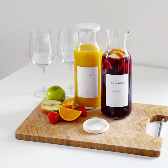 Refillable 1.2 L Glass Carafe With White Personalised Waterproof Minimalist Label - Fridge Organisation Fridgescaping