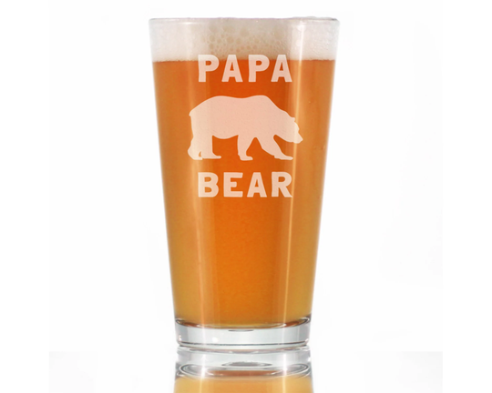Papa Bear - Cute Funny Pint Glass, 16 Oz, Etched Sayings Decor Gifts For Dads Who Love Bears & Beer
