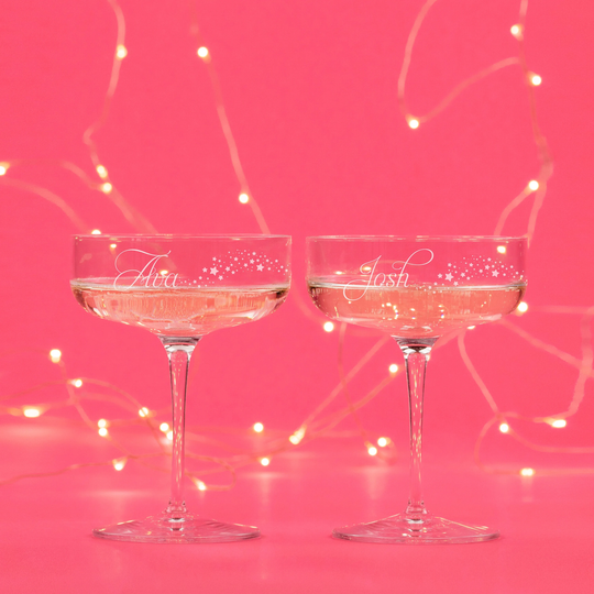 star Coupe Glass Set, Festive Champagne Saucer Celebration Engraved With Names Personalised Set