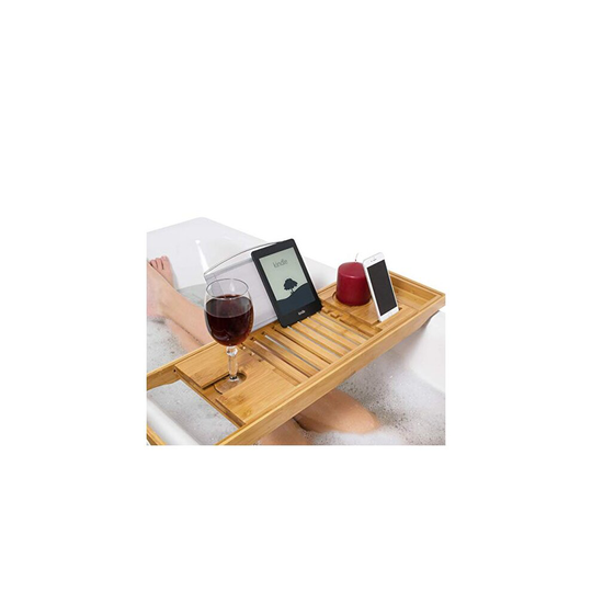 Relux Premium 100% Natural Bamboo Bath Caddy Bridge Extendable Luxury Book Rest, Wine Glass Holder, Device (Tablet, Kindle, iPad, Smart Phone)